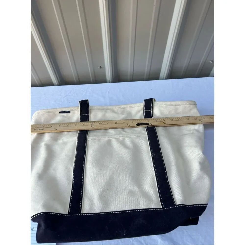 Lands End Boat tote cream canvas black straps 23